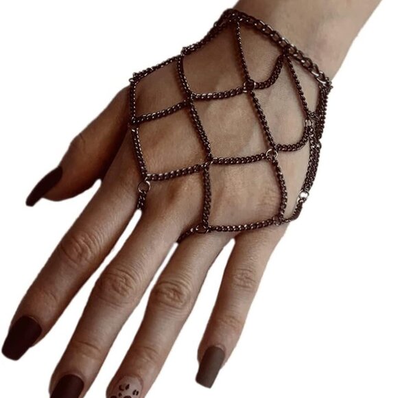 Boho Tassel Chain Bracelet with Slave Fing Ring Hand Harness Goth Accessory - Picture 1 of 6